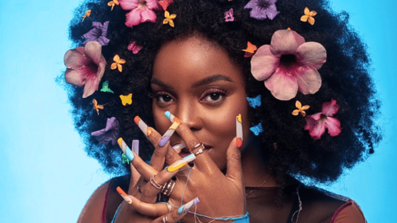An artist with curly hair adorned with colorful flowers and butterflies, decorated long nails, and rings strikes a pose against a blue background.