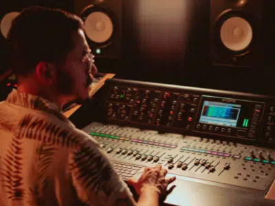 A person meticulously managing the metadata on an audio mixer in a professional recording studio, with large speakers resonating in the background.