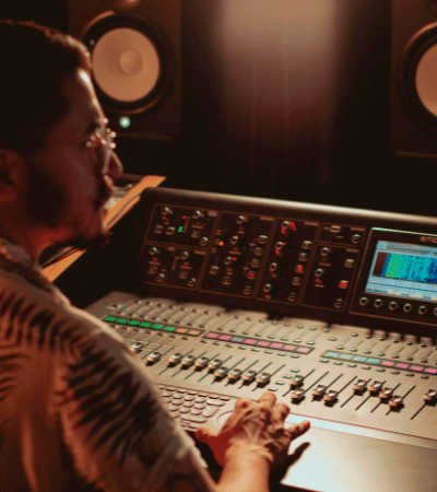 A person meticulously managing the metadata on an audio mixer in a professional recording studio, with large speakers resonating in the background.
