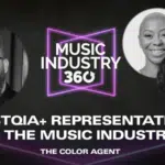 Black-and-white promotional banner for "Music Industry 360," featuring photos of three individuals and the text "LGBTQIA+ Representation in the Music Industry - The Color Agent." This banner puts a spotlight on diversity through The Color Agent's lens.