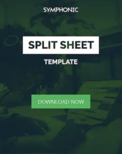 An image with a green overlay, featuring the text "Symphonic Split Sheet Template" and a "Download Now" button. A person is seen using a computer in the background.