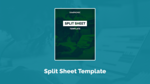 A digital cover for a "Split Sheet Template" by Symphonic is displayed, featuring a blurred background of a person working at a computer on their split sheet.