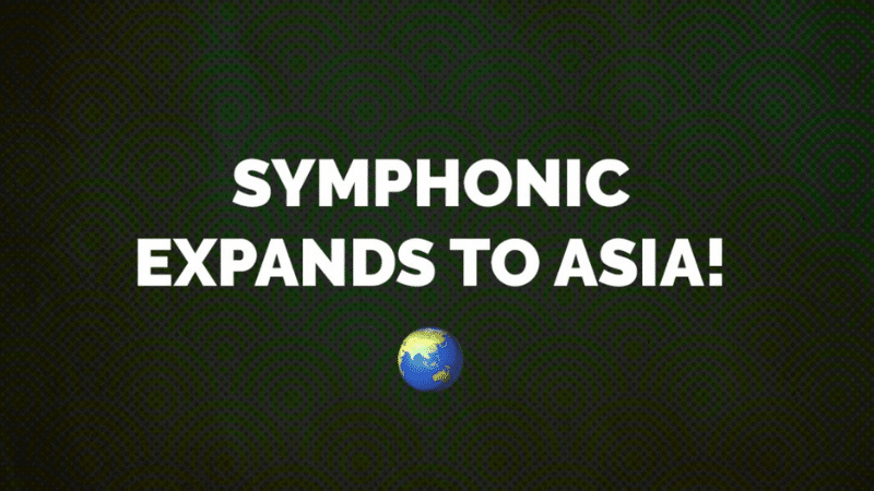 Symphonic expands to Asia! text on dark green background with a small Earth emoji at the bottom.