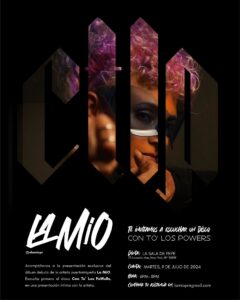 Promotional poster for "La Mío" album presentation in NYC on July 9, 2024, at Sala de Pepe during LAMC. Event details and contact info included.