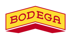 The image displays a logo with the word "BODEGA" in bold red text on a yellow background, perfectly in sync with the larger red backdrop.