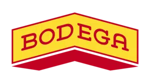 The image displays a logo with the word "BODEGA" in bold red text on a yellow background, perfectly in sync with the larger red backdrop.