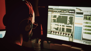A person wearing headphones sits in front of multiple computer screens displaying audio editing software, ready to rise to the challenge of perfecting the next great track.