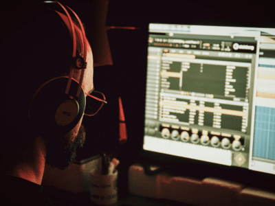 A person wearing headphones sits in front of multiple computer screens displaying audio editing software, ready to rise to the challenge of perfecting the next great track.