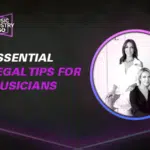 Music Industry 360: Essential Legal Tips for Musicians. The image features text and a photo of two individuals, one seated and the other standing, set against a dark background, highlighting crucial legal tips.