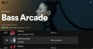 Screenshot of a Spotify public playlist titled "Bass Arcade" with a profile picture on the left of a person with long braided hair. The playlist has 115 songs and 973,179 likes. Song list starts with "Mercy".