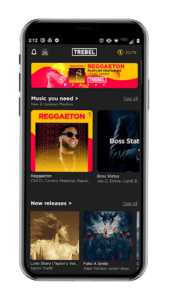 A smartphone screen displays the TREBEL music app showing playlists such as "Reggaeton," "Boss Status," and new releases, including "Love Story" by Taylor Swift and "Fake A Smile" by Alan Walker.