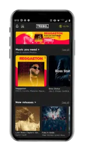 A smartphone screen displays the TREBEL music app showing playlists such as "Reggaeton," "Boss Status," and new releases, including "Love Story" by Taylor Swift and "Fake A Smile" by Alan Walker.