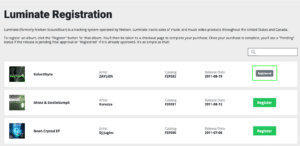 A webpage titled "Luminate Registration" shows a list of music albums with their respective artists, catalog numbers, release dates, and the registration status of each album.