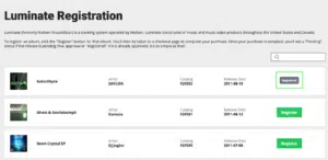 A webpage titled "Luminate Registration" shows a list of music albums with their respective artists, catalog numbers, release dates, and the registration status of each album.