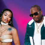 A woman in a gold top, adorned with jewelry and showcasing a tattoo on her chest, stands next to a man in dark sunglasses, a green jacket, and sporting gold chains against a purple and pink gradient background, making for an intriguing visual case study.