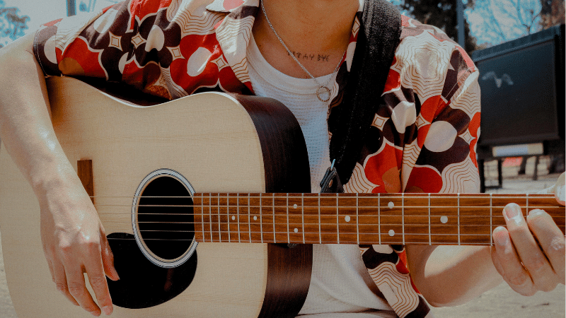 A person wearing a patterned shirt strums an acoustic guitar outdoors, as if playing for nature's royalties.