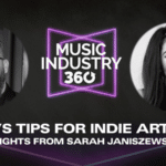 Promotional image for a podcast episode titled "Tidal's Tips for Indie Artists: Insights from Sarah Janiszewski" featuring portraits of a man with a beard and glasses and a smiling woman with long dark hair.