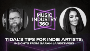 Promotional image for a podcast episode titled "Tidal's Tips for Indie Artists: Insights from Sarah Janiszewski" featuring portraits of a man with a beard and glasses and a smiling woman with long dark hair.