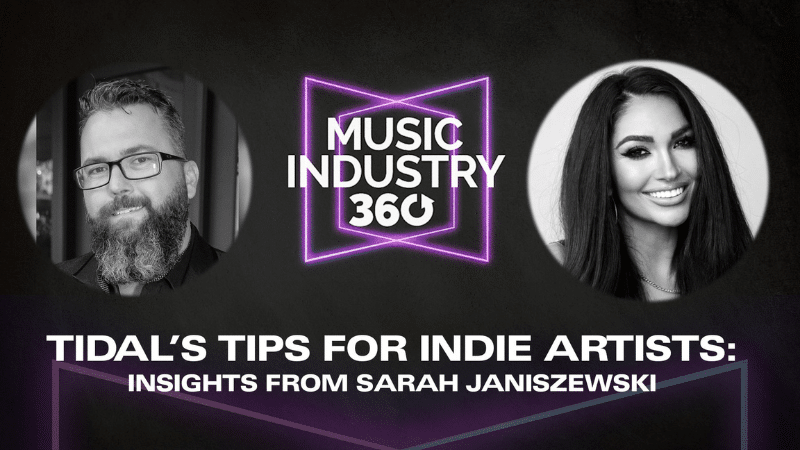 Promotional image for a podcast episode titled "Tidal's Tips for Indie Artists: Insights from Sarah Janiszewski" featuring portraits of a man with a beard and glasses and a smiling woman with long dark hair.