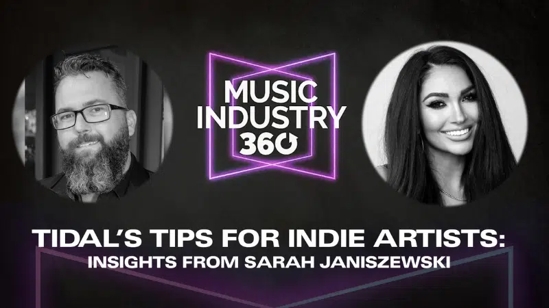 Promotional image for a podcast episode titled "Tidal's Tips for Indie Artists: Insights from Sarah Janiszewski" featuring portraits of a man with a beard and glasses and a smiling woman with long dark hair.