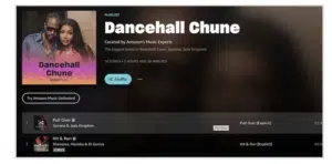 Screenshot of Amazon Music playlist titled "Dancehall Chune," featuring 50 songs with a total duration of 2 hours and 28 minutes. The top two tracks are "Pull Over" by Govana & Jada Kingdom and "Hit & Run" by Shenseea, Masicka & Di Genius—a perfect case study for understanding modern dancehall trends.