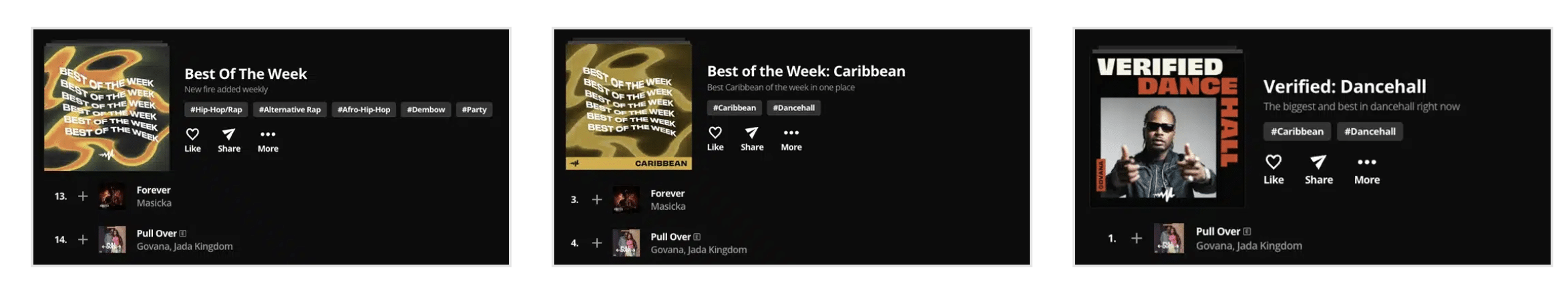 Three screenshots of music playlists—"Best Of The Week," "Best of the Week: Caribbean," and "Verified: Dancehall"—all featuring the song "Pull Up" by Kranium & Queen Naija, serve as a compelling case study in trending tracks across diverse genres.