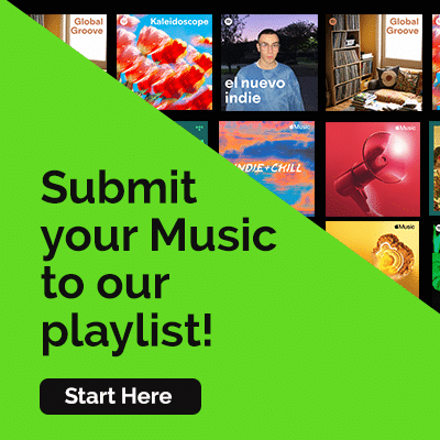 Bright green triangle overlay with "Submit your music to our playlist! Start Here" text on the left. Various music album covers displayed in the background, showcasing an exciting opportunity for music promotion.