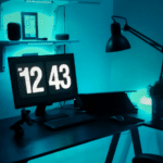 A home office setup with a desk, a computer displaying 12:43, a desk lamp, a plant, and shelves holding various items, all illuminated by blue lighting.