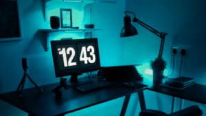 A home office setup with a desk, a computer displaying 12:43, a desk lamp, a plant, and shelves holding various items, all illuminated by blue lighting.