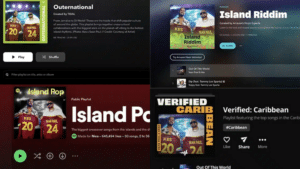 Screenshot showcasing various Caribbean and island music playlists on music streaming platforms. Playlists include "Outernational" on TIDAL, "Island Riddim" on Amazon Music, "Island Pop" on Apple Music, and "Verified: Caribbean" on Spotify.