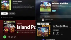 Screenshot showcasing various Caribbean and island music playlists on music streaming platforms. Playlists include "Outernational" on TIDAL, "Island Riddim" on Amazon Music, "Island Pop" on Apple Music, and "Verified: Caribbean" on Spotify.