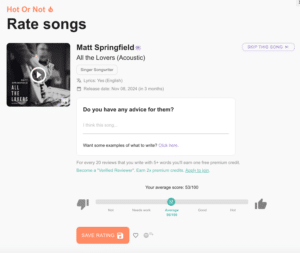 Screenshot of a webpage showing a song rating interface for "All the Lovers (Acoustic)" by Matt Springfield, with options to skip, rate, and provide feedback. Average score is 53/100.