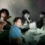 A group of people with musical instruments in front of a starry background.