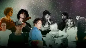 A group of people with musical instruments in front of a starry background.