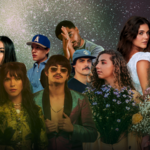 A group photo featuring twelve Hispanic artists against a starry background. They are dressed in various styles, some holding flowers, with no uniform theme in their attire.