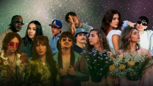 A group photo featuring twelve Hispanic artists against a starry background. They are dressed in various styles, some holding flowers, with no uniform theme in their attire.