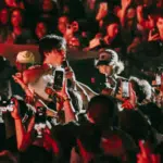 A performer holds a microphone while rocking the daisies, surrounded by a crowd taking photos and videos during the concert.