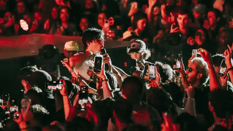 A performer holds a microphone while rocking the daisies, surrounded by a crowd taking photos and videos during the concert.