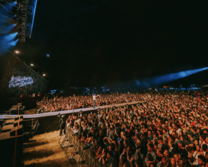 A large crowd of people at an outdoor concert at night, with a performer on stage under bright lights, rocking the daisies.