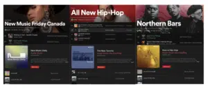 Three vertical panels display different music playlists: New Music Friday Canada, All New Hip-Hop, and Northern Bars, featuring various artists and songs on music streaming platforms.