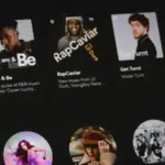 A digital music playlist interface displays various curated playlists with titles such as "Are & Be," "RapCaviar," "Get Turnt," and "Beats & Rhymes." Circular album art is featured below each playlist title.