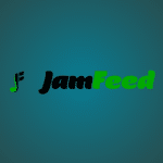 The logo showcases "JamFeed" in sleek black and vibrant green text, gracefully accented by a musical note graphic on a soothing teal background.