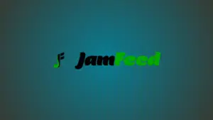 The logo showcases "JamFeed" in sleek black and vibrant green text, gracefully accented by a musical note graphic on a soothing teal background.