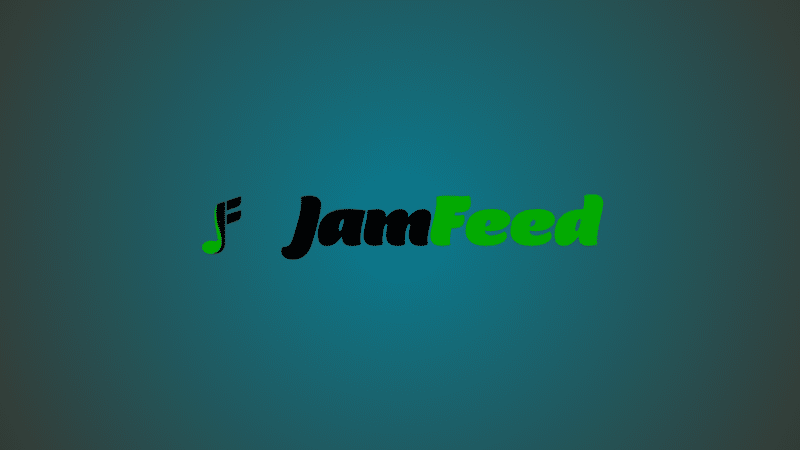 The logo showcases "JamFeed" in sleek black and vibrant green text, gracefully accented by a musical note graphic on a soothing teal background.