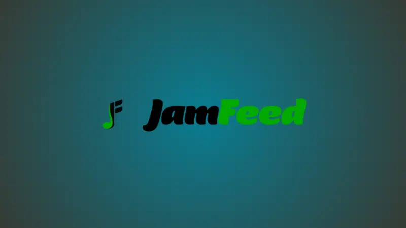 The logo showcases "JamFeed" in sleek black and vibrant green text, gracefully accented by a musical note graphic on a soothing teal background.