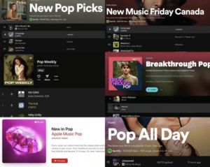 Image showing various playlist covers and titles from different music streaming platforms featuring pop music selections, including "New Pop Picks," "Pop Weekly," "Apple Music Pop," and others. This visual could serve as a case study in understanding contemporary listening trends.