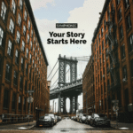 The iconic Manhattan Bridge is beautifully framed by two brick buildings, while cars are parked along the bustling street. Embrace the journey as your story starts here, with adventure and endless possibilities waiting just beyond the horizon.