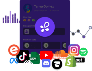 The interface showcases a profile featuring icons for various platforms, including Instagram, TikTok, YouTube, and Shopify. Riveting analytics graphs bring the data to life around these icons.