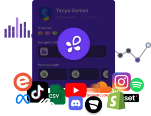 The interface showcases a profile featuring icons for various platforms, including Instagram, TikTok, YouTube, and Shopify. Riveting analytics graphs bring the data to life around these icons.