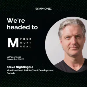 Promotional graphic announcing Steve Nightingale's attendance at M for Montréal, featuring event dates and his role at Symphonic.